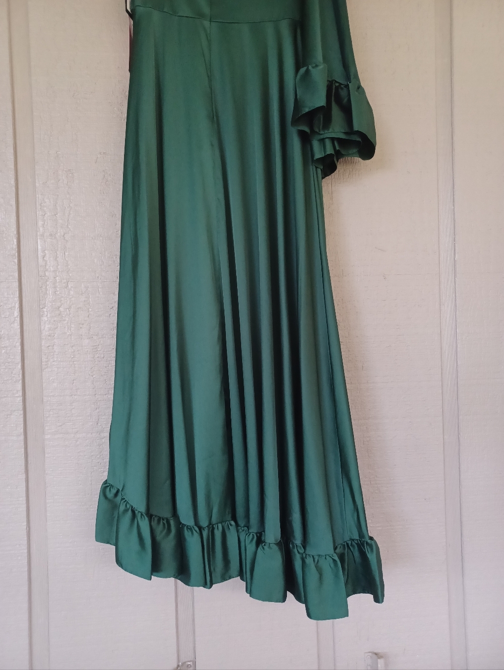 Ieena Mac Duggal Long One Sleeve Asymmetrical Ruffle Hem Gown Size 10 Emerald - Picture 16 of 16